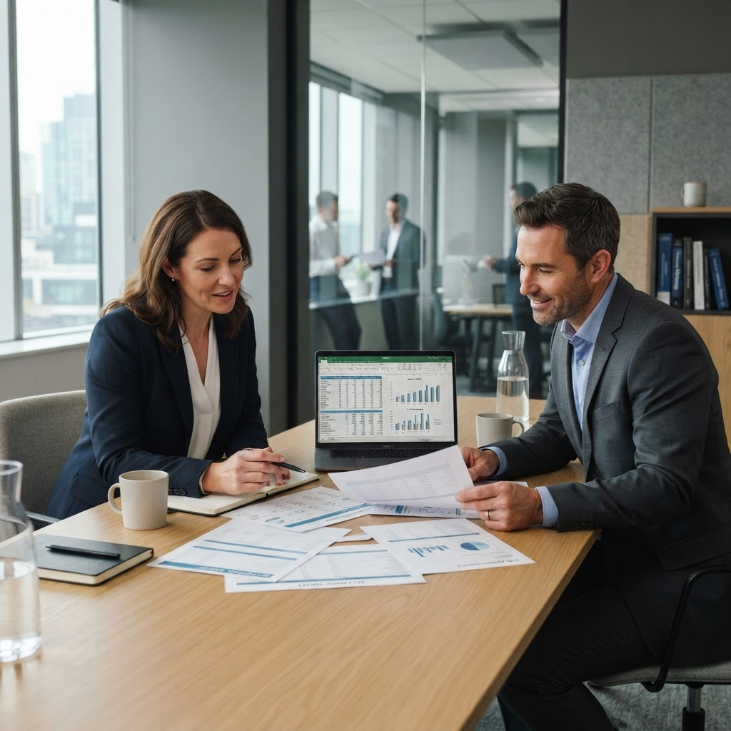 Cornerstone accountants reviewing financial statements with a business client